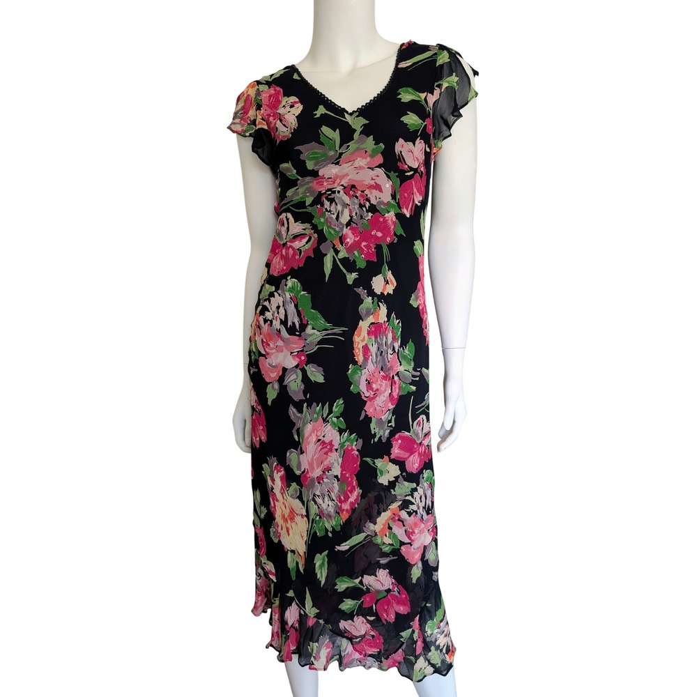 Y2K Beaded Dress XS Asymmetric Whimsigoth Fairy Grunge Dark Floral Romantic Silk - Picture 1 of 5